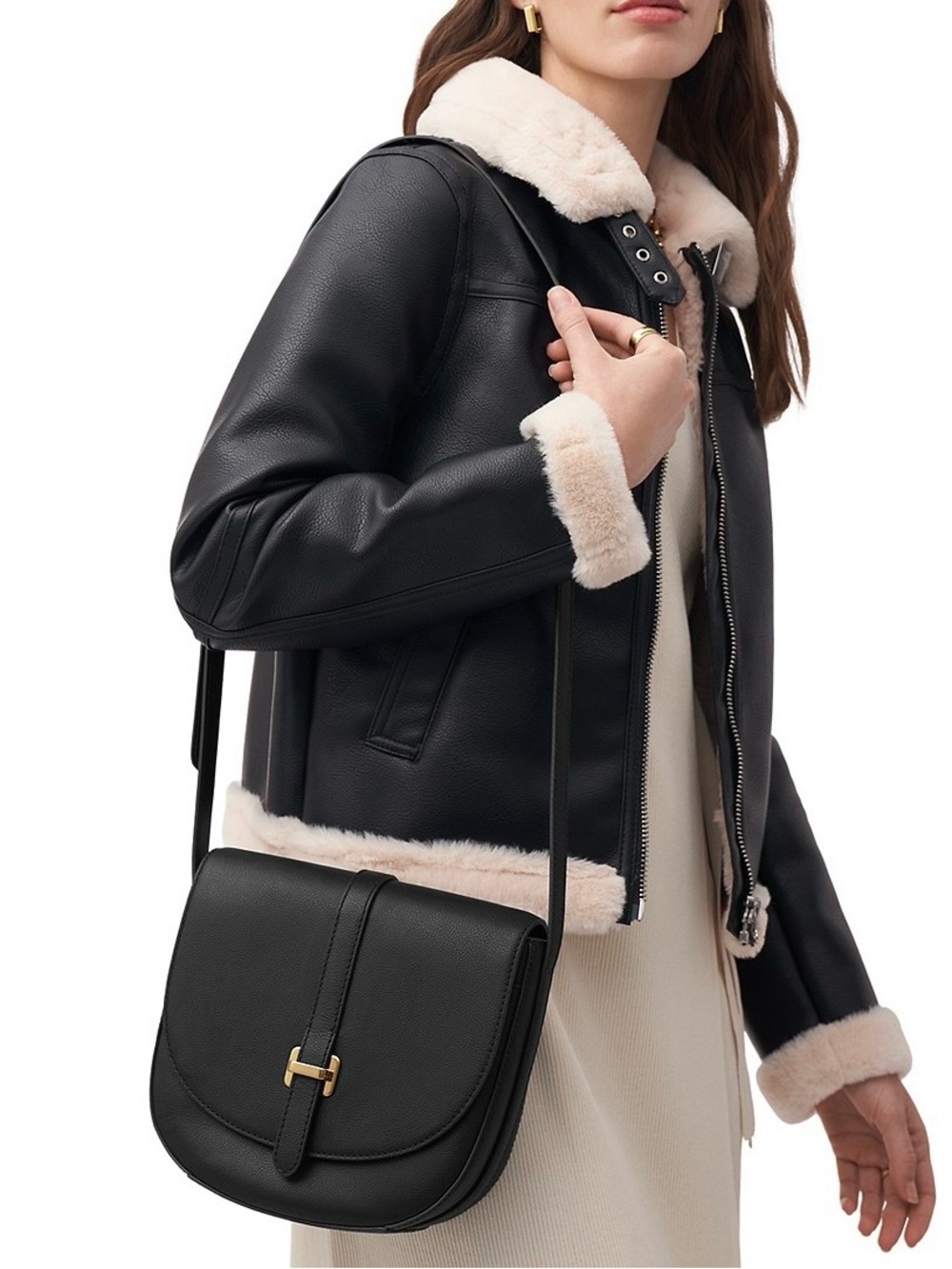 Fossil Emery Black Leather Crossbody Bag with Gold Hardware new